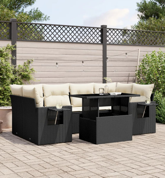 7-tlg. Garten-Sofagarnitur mit Kissen Schwarz Poly Rattan
