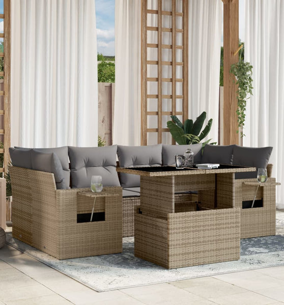 7-tlg. Garten-Sofagarnitur mit Kissen Beige Poly Rattan