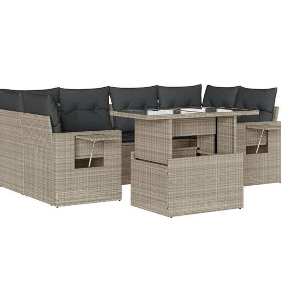 7-tlg. Garten-Sofagarnitur mit Kissen Hellgrau Poly Rattan