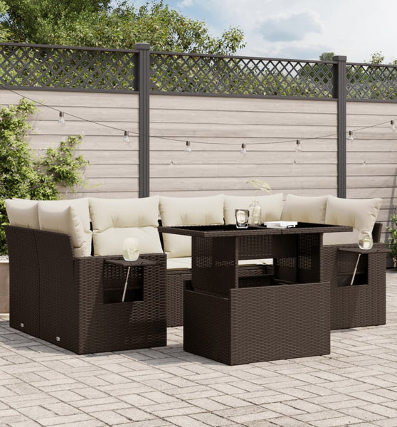 7-tlg. Garten-Sofagarnitur mit Kissen Braun Poly Rattan