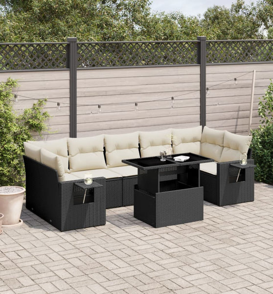 8-tlg. Garten-Sofagarnitur mit Kissen Schwarz Poly Rattan