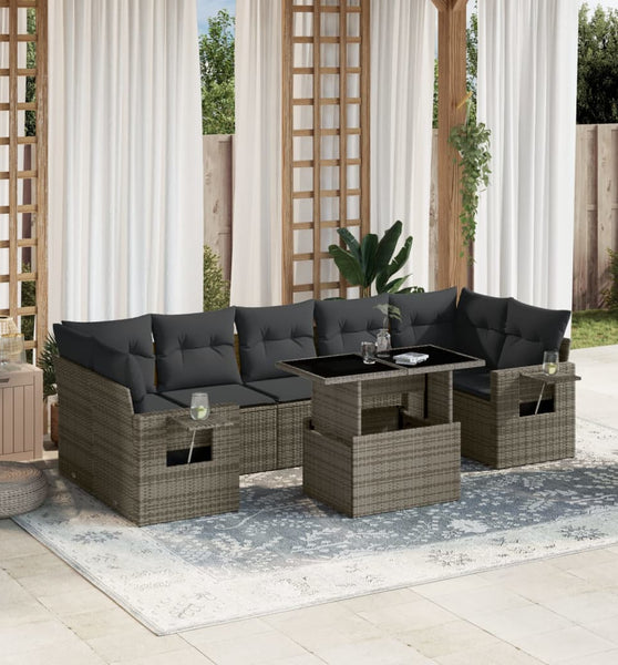 8-tlg. Garten-Sofagarnitur mit Kissen Grau Poly Rattan