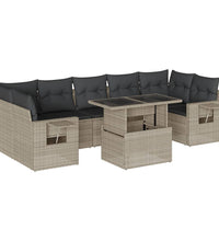 8-tlg. Garten-Sofagarnitur mit Kissen Hellgrau Poly Rattan