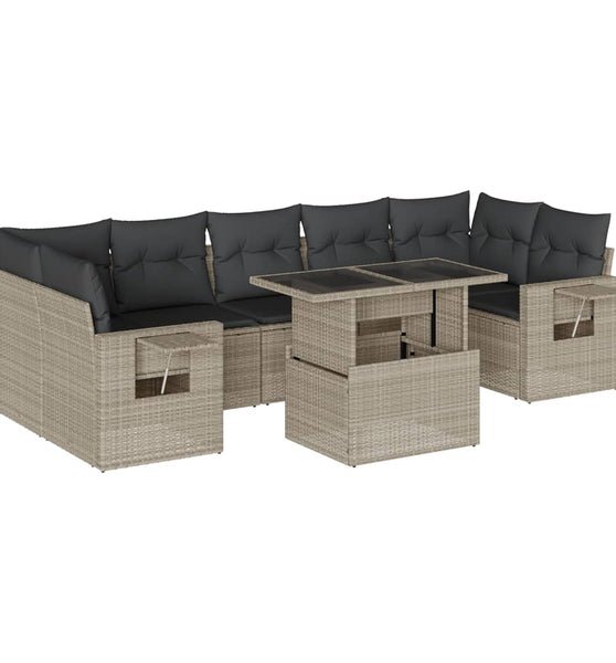 8-tlg. Garten-Sofagarnitur mit Kissen Hellgrau Poly Rattan