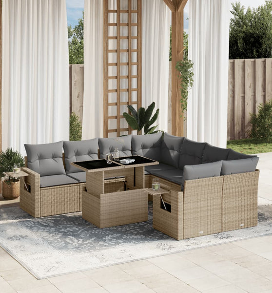 9-tlg. Garten-Sofagarnitur mit Kissen Beige Poly Rattan