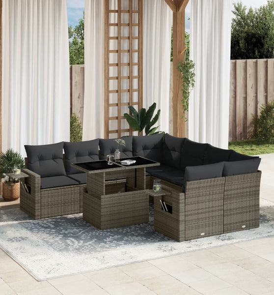 9-tlg. Garten-Sofagarnitur mit Kissen Grau Poly Rattan