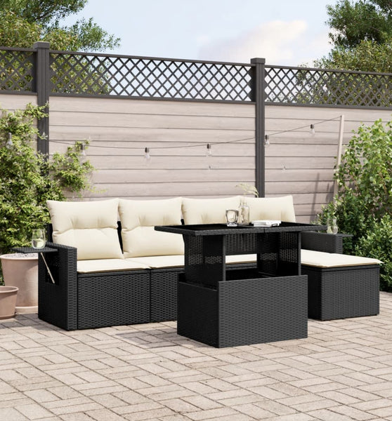 6-tlg. Garten-Sofagarnitur mit Kissen Schwarz Poly Rattan