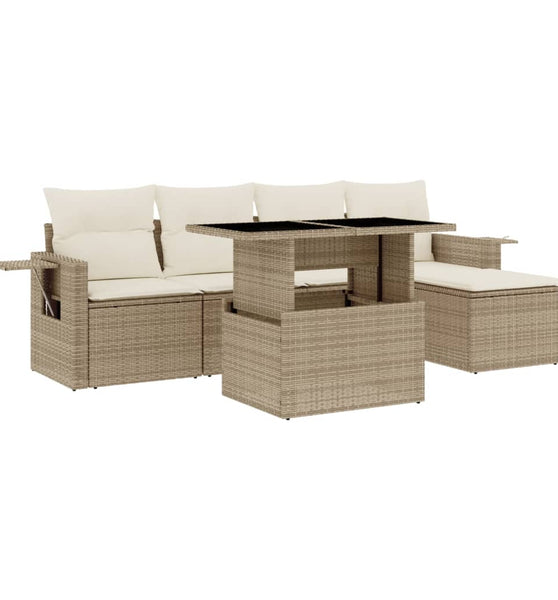 6-tlg. Garten-Sofagarnitur mit Kissen Beige Poly Rattan