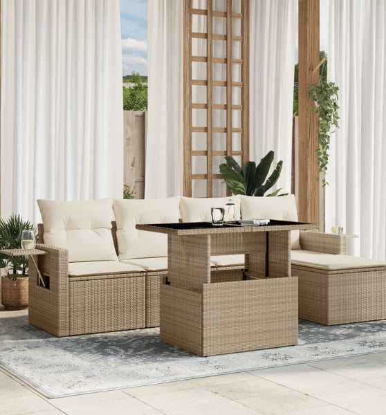 6-tlg. Garten-Sofagarnitur mit Kissen Beige Poly Rattan