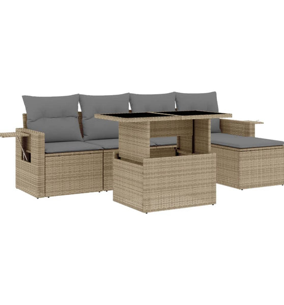 6-tlg. Garten-Sofagarnitur mit Kissen Beige Poly Rattan