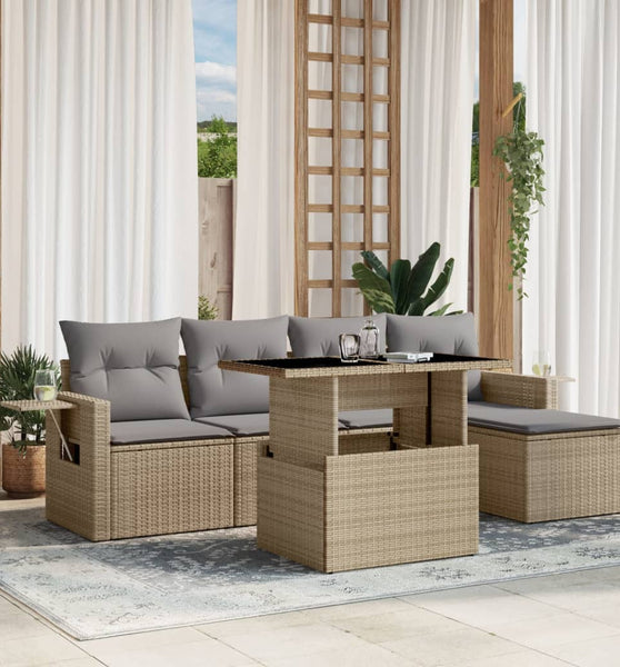 6-tlg. Garten-Sofagarnitur mit Kissen Beige Poly Rattan