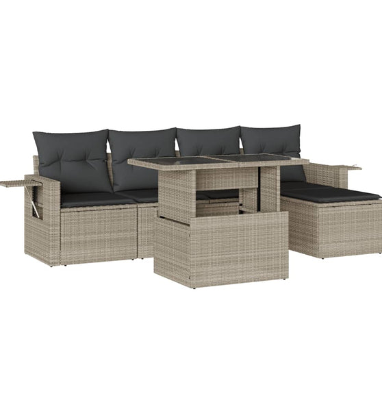 6-tlg. Garten-Sofagarnitur mit Kissen Hellgrau Poly Rattan