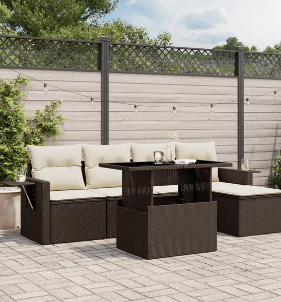 6-tlg. Garten-Sofagarnitur mit Kissen Braun Poly Rattan