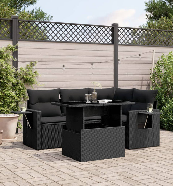 5-tlg. Garten-Sofagarnitur mit Kissen Schwarz Poly Rattan