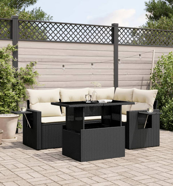 5-tlg. Garten-Sofagarnitur mit Kissen Schwarz Poly Rattan