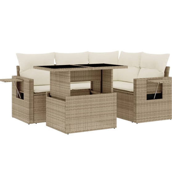 5-tlg. Garten-Sofagarnitur mit Kissen Beige Poly Rattan