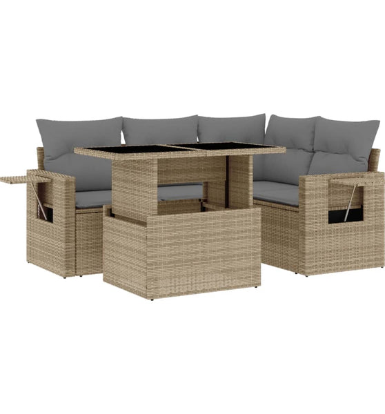 5-tlg. Garten-Sofagarnitur mit Kissen Beige Poly Rattan