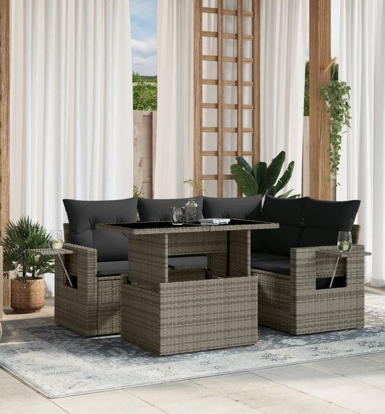 5-tlg. Garten-Sofagarnitur mit Kissen Grau Poly Rattan