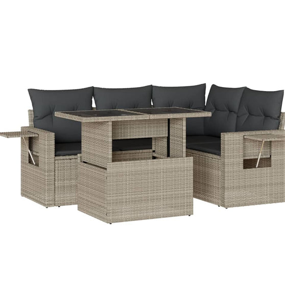 5-tlg. Garten-Sofagarnitur mit Kissen Hellgrau Poly Rattan