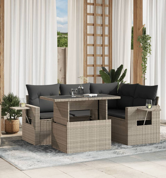 5-tlg. Garten-Sofagarnitur mit Kissen Hellgrau Poly Rattan