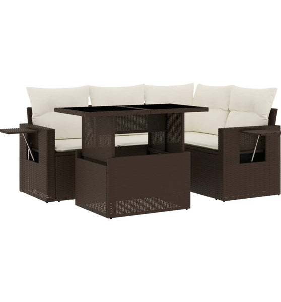 5-tlg. Garten-Sofagarnitur mit Kissen Braun Poly Rattan