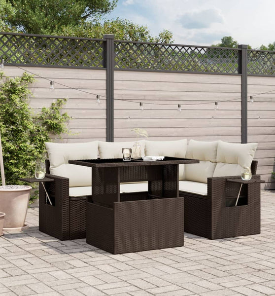5-tlg. Garten-Sofagarnitur mit Kissen Braun Poly Rattan