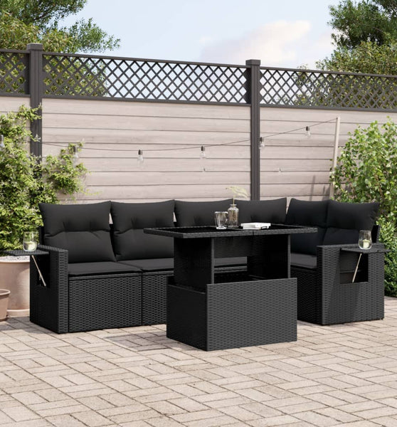 6-tlg. Garten-Sofagarnitur mit Kissen Schwarz Poly Rattan
