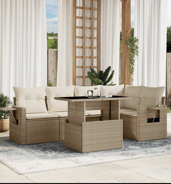 6-tlg. Garten-Sofagarnitur mit Kissen Beige Poly Rattan