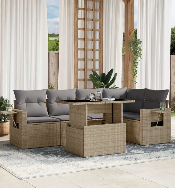 6-tlg. Garten-Sofagarnitur mit Kissen Beige Poly Rattan