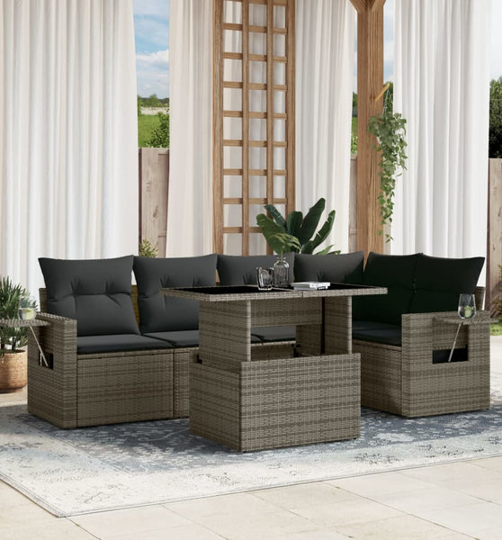 6-tlg. Garten-Sofagarnitur mit Kissen Grau Poly Rattan