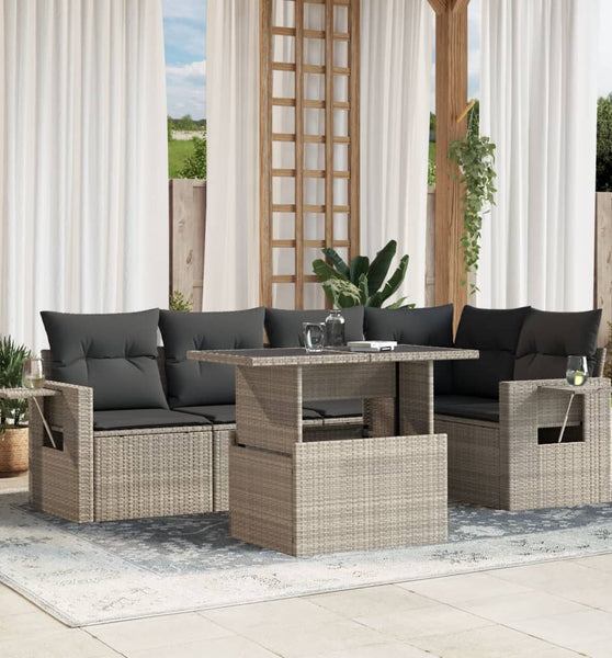 6-tlg. Garten-Sofagarnitur mit Kissen Hellgrau Poly Rattan