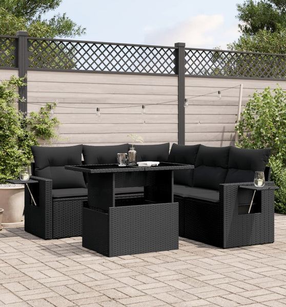 6-tlg. Garten-Sofagarnitur mit Kissen Schwarz Poly Rattan