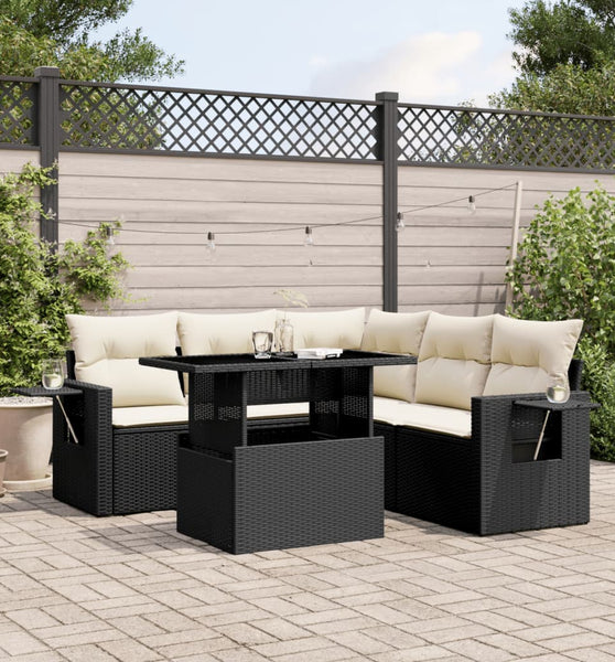 6-tlg. Garten-Sofagarnitur mit Kissen Schwarz Poly Rattan