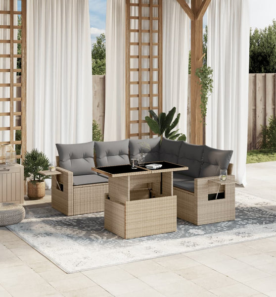 6-tlg. Garten-Sofagarnitur mit Kissen Beige Poly Rattan