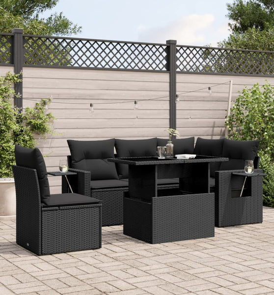 6-tlg. Garten-Sofagarnitur mit Kissen Schwarz Poly Rattan