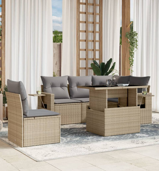6-tlg. Garten-Sofagarnitur mit Kissen Beige Poly Rattan