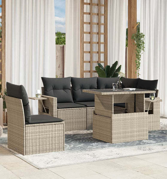 6-tlg. Garten-Sofagarnitur mit Kissen Hellgrau Poly Rattan