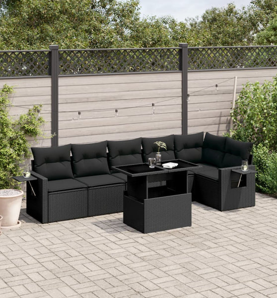 7-tlg. Garten-Sofagarnitur mit Kissen Schwarz Poly Rattan