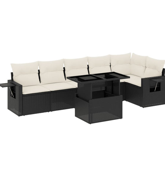 7-tlg. Garten-Sofagarnitur mit Kissen Schwarz Poly Rattan