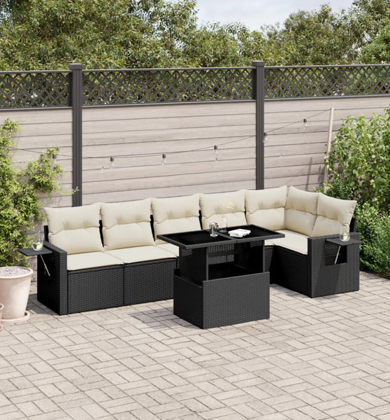 7-tlg. Garten-Sofagarnitur mit Kissen Schwarz Poly Rattan