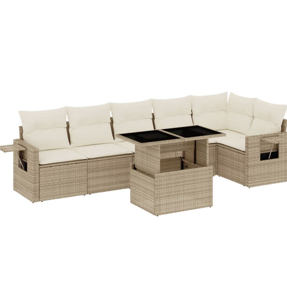7-tlg. Garten-Sofagarnitur mit Kissen Beige Poly Rattan