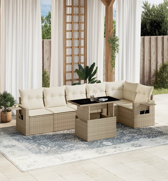 7-tlg. Garten-Sofagarnitur mit Kissen Beige Poly Rattan
