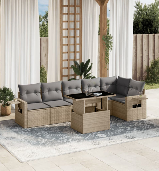 7-tlg. Garten-Sofagarnitur mit Kissen Beige Poly Rattan