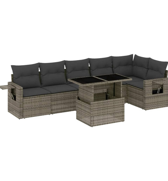 7-tlg. Garten-Sofagarnitur mit Kissen Grau Poly Rattan