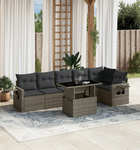 7-tlg. Garten-Sofagarnitur mit Kissen Grau Poly Rattan