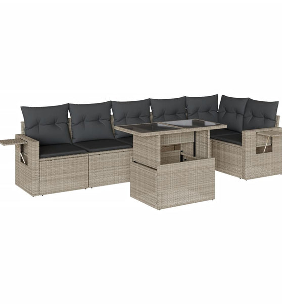 7-tlg. Garten-Sofagarnitur mit Kissen Hellgrau Poly Rattan