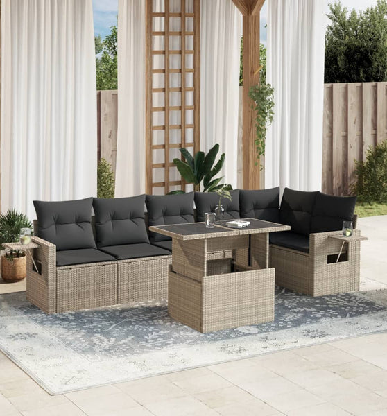 7-tlg. Garten-Sofagarnitur mit Kissen Hellgrau Poly Rattan
