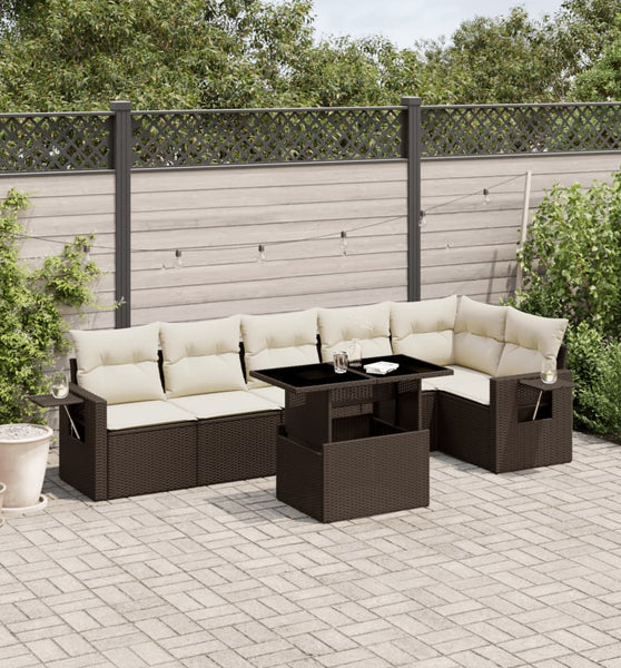 7-tlg. Garten-Sofagarnitur mit Kissen Braun Poly Rattan