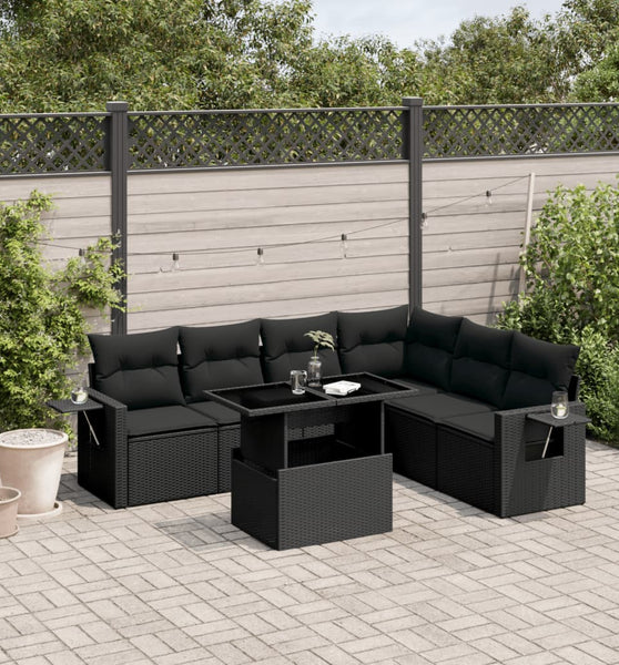 7-tlg. Garten-Sofagarnitur mit Kissen Schwarz Poly Rattan