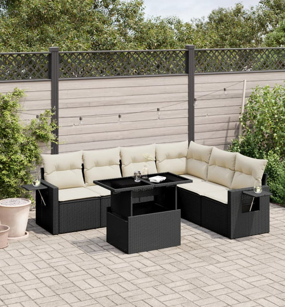 7-tlg. Garten-Sofagarnitur mit Kissen Schwarz Poly Rattan